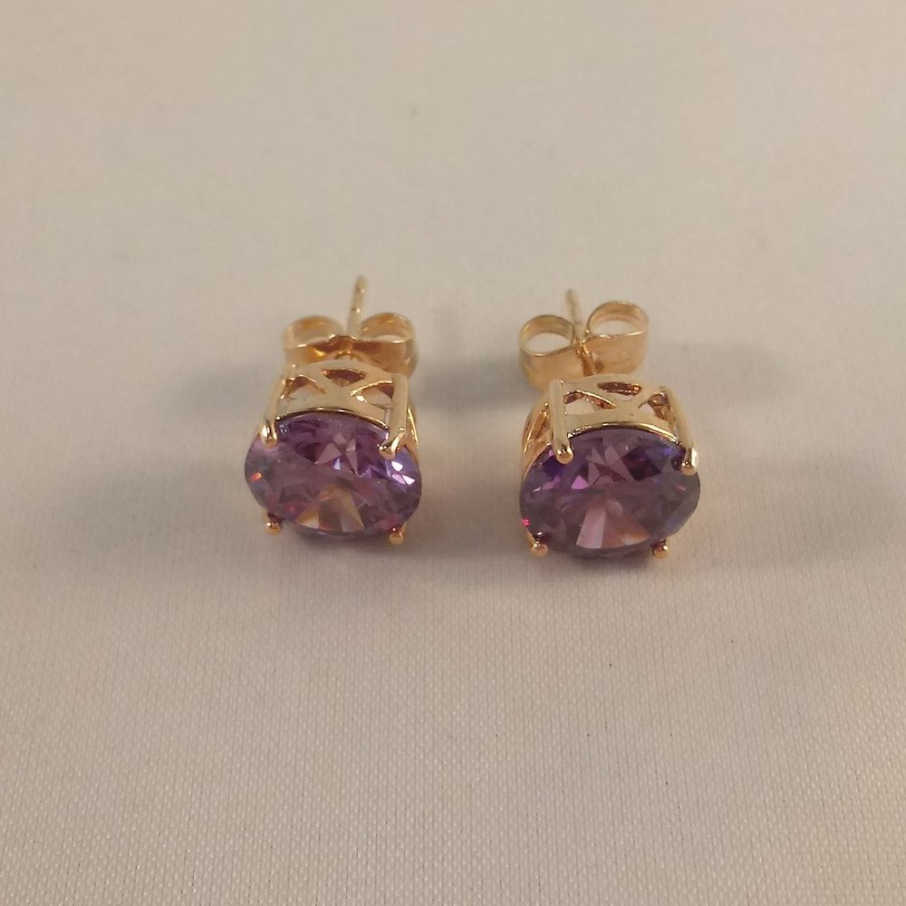 18K Yellow Gold Plated Purple Solitaire Diamond Zircon Stud Earrings 3.87ctw ea.